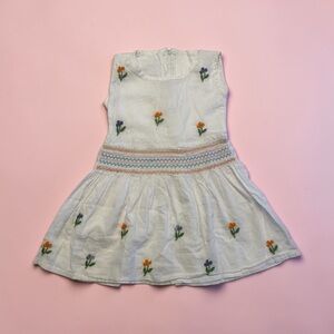 Girls' White Embroidered Floral Smocked Waist Dress